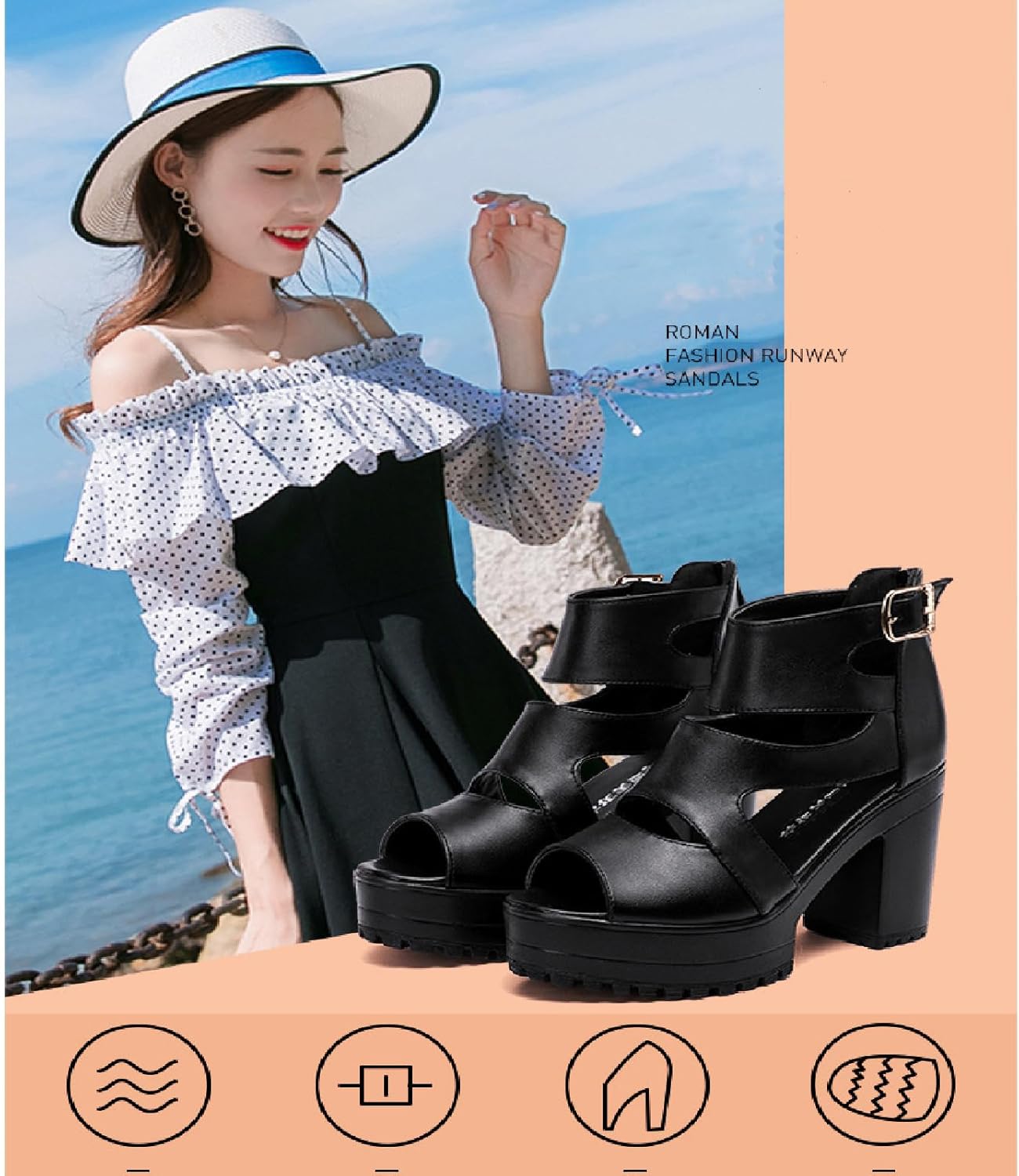 Women'S Hollow Out High Top Chunky Heel Roman Sandals Summer Breathable Fish Mouth Pointed Toe Adjustable Ankle Strap Anti-Slip Platform High Heels Sandals - Image 6