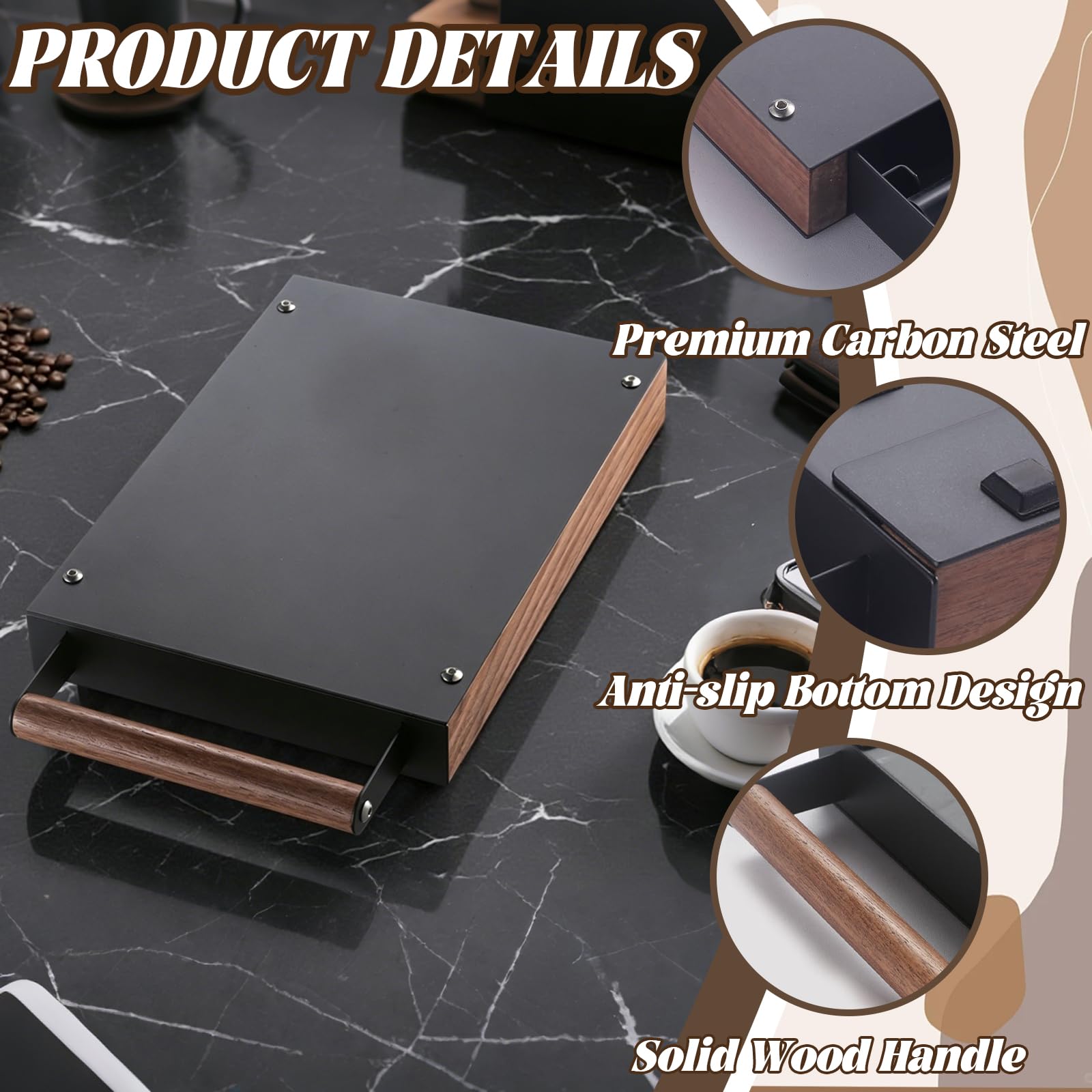 Cajón Para Posos De Café, 32,7 x 20 x 4,5 cm Caja Knocker De Acero Inoxidable Para Portafiltros Con Barra Antigoteo Extraíble Y Asa De Madera De Estilo Para Cafeterías Restaurantes Y Uso Doméstico