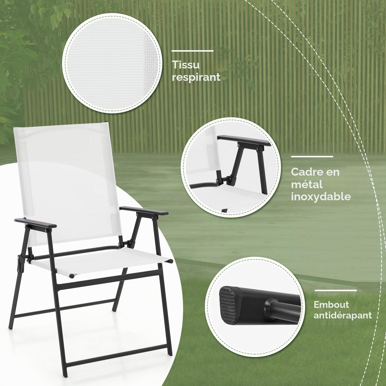 GIANTEX Lot de 4 chaises de Jardin Pliantes à Dossier Haut, pour Balcon, terrasse, avec Dossier et accoudoirs Hauts, en métal et Textile, Charge maximale : 150 kg, Blanches