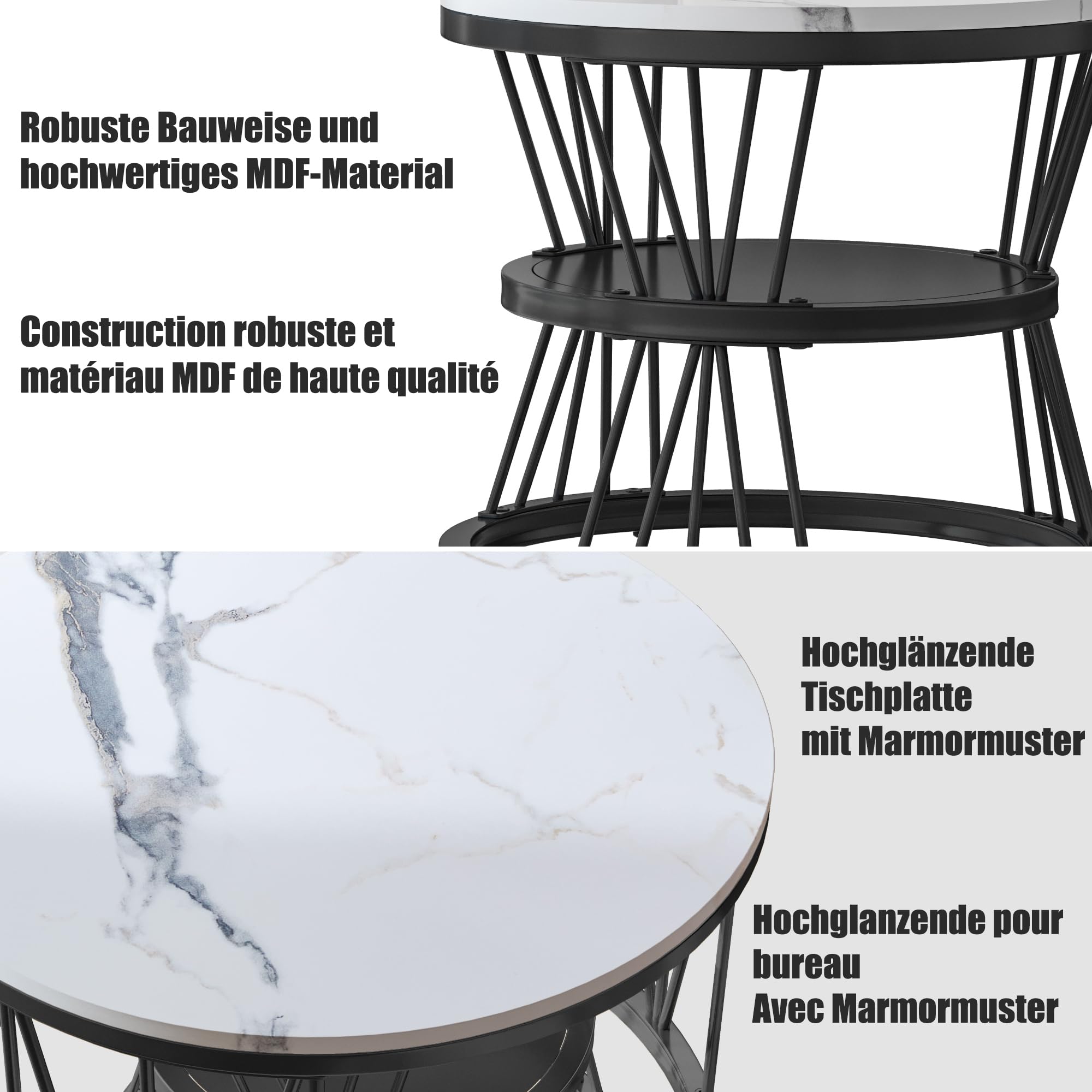 BRILVERDE Set di 2 tavolini rotondi, con vano portaoggetti, effetto marmo e struttura in metallo, per soggiorno, balcone (nero)