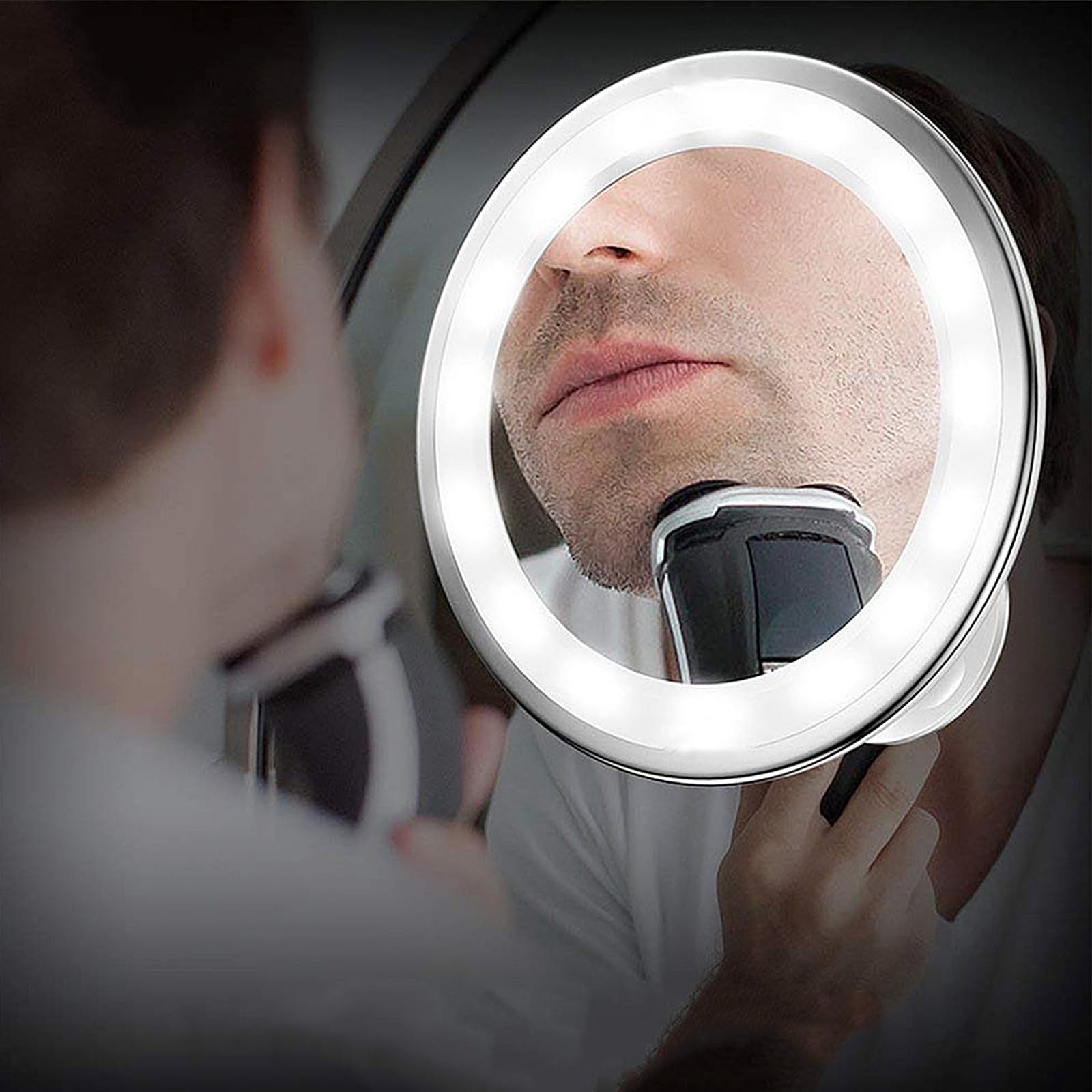 Operitacx Espejo de Maquillaje Iluminado Luz LED Material Abs y Vidrio Aumento 10x Diseño Giratorio 360 Grados, Ventosa para Escritorio y Baño
