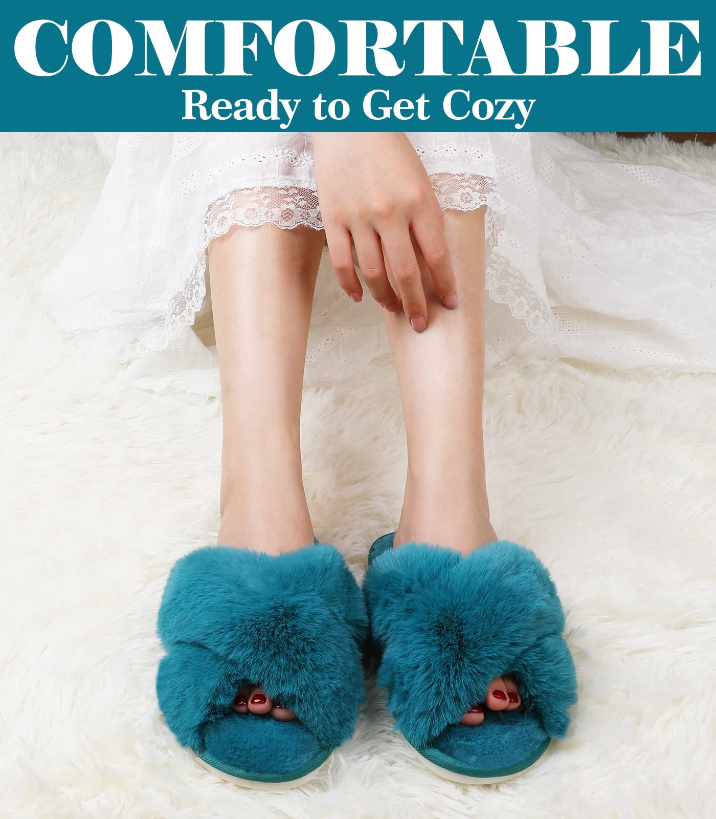 Ankis Womens Fuzzy Memory Foam Slippers Cross Band Cozy Plush Home Slippers Fluffy Furry Open Toe House Shoes Indoor Outdoor Slide Slipper