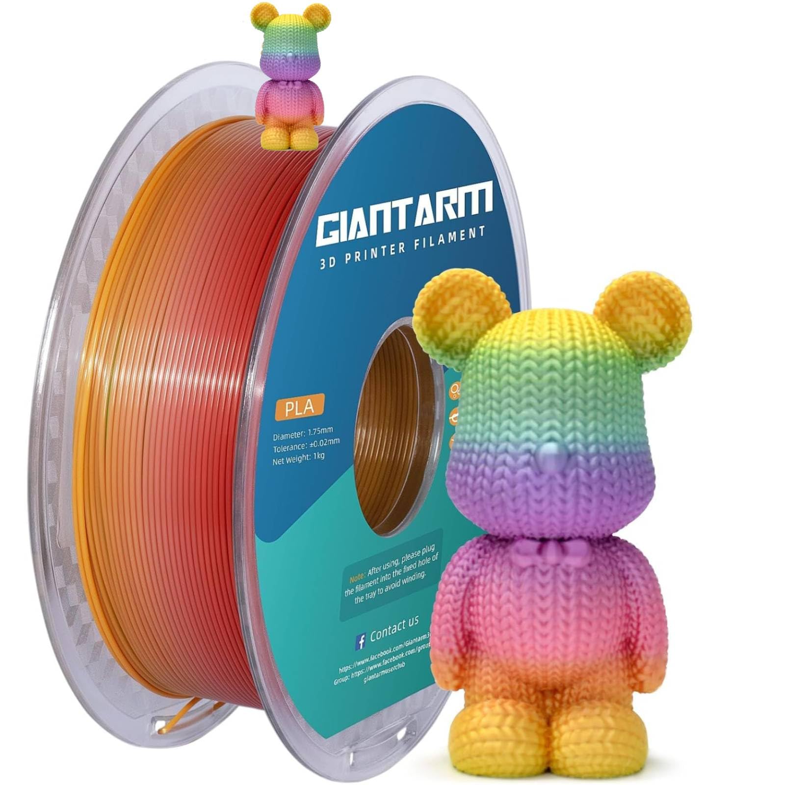 GIANTARM 3D Printer Filament,1.75mm Rainbow PLA Filament,Color Changing Filament 1kg Spool (2.2lbs),Muticolor Filament with Vacuum Packaging