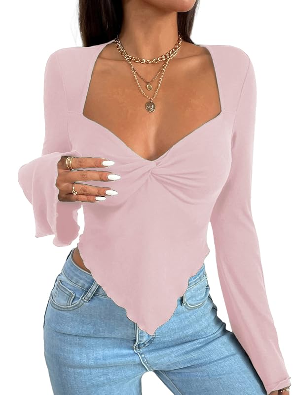 Avanova Women Long Sleeve Going Out Crop Tops Sexy Square Neck Asymmetrical Shirts Light Pink Small by Avanova - Used condition - Image 3