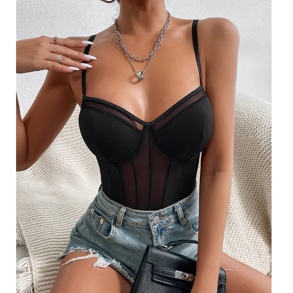 Body de malla transparente sin mangas con cuello en V y encaje transparente para mujer