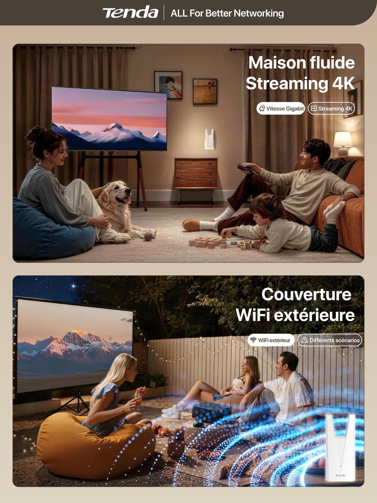Tenda A33 Répéteur WiFi 6 AX3000, Repeteur WiFi Puissant sans Fil Dual Band, WiFi Extender EasyMesh avec Port Gigabit, Amplificateur WiFi pour Grande Maison, Streaming 4K, Gaming et Télétravail