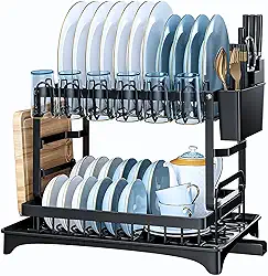 Escorredor de Louça Completo em Aço Carbono Organizador Escorredor de Pratos Inox, Suporte para Talheres, Copos, Tábuas, Facas e Bandeja de Drenagem de Água
