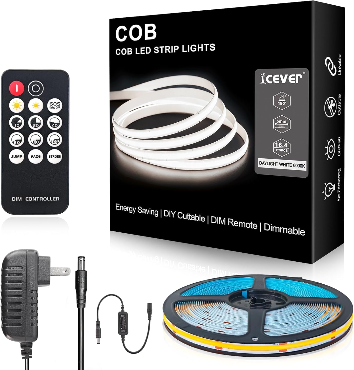 COB LED Strip Lights, ETL Listed Daylight White Light Strip 6000K, 16.4ft 24V COB Lights with 1600 LEDs, CRI 90+, Remote, 24V Adapter, LED Light for Cabinets, Home Lighting Indoor Decoration
