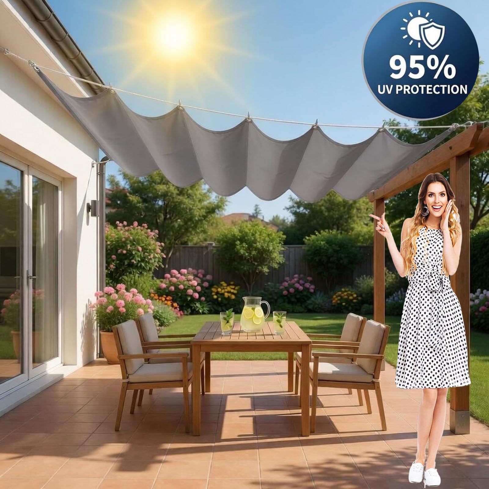 Einziehbare Welle Sonnensegel 2.2 x 4 m Nach Maß Wetterfest Verstellbar Wellenmarkise mit Ösen Und Kordel für Garten Pergola Balkon Terrasse Outdoor, orange