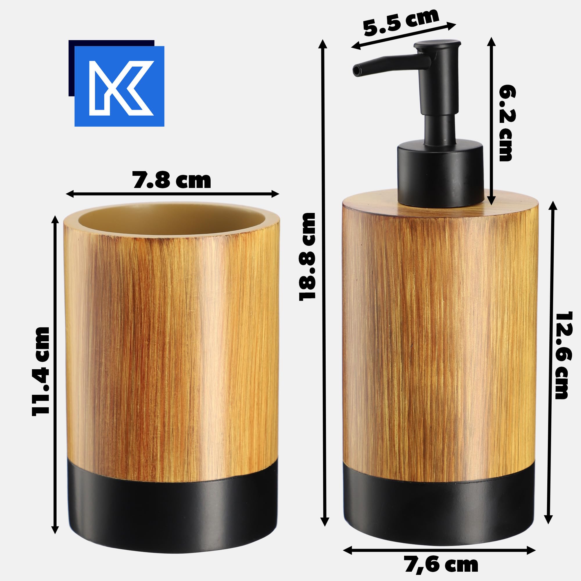 KADAX Juego de baño, dispensador de jabón, vaso para cepillos de dientes y escobilla de inodoro, accesorios de baño de polirresina resistente, imitación de madera