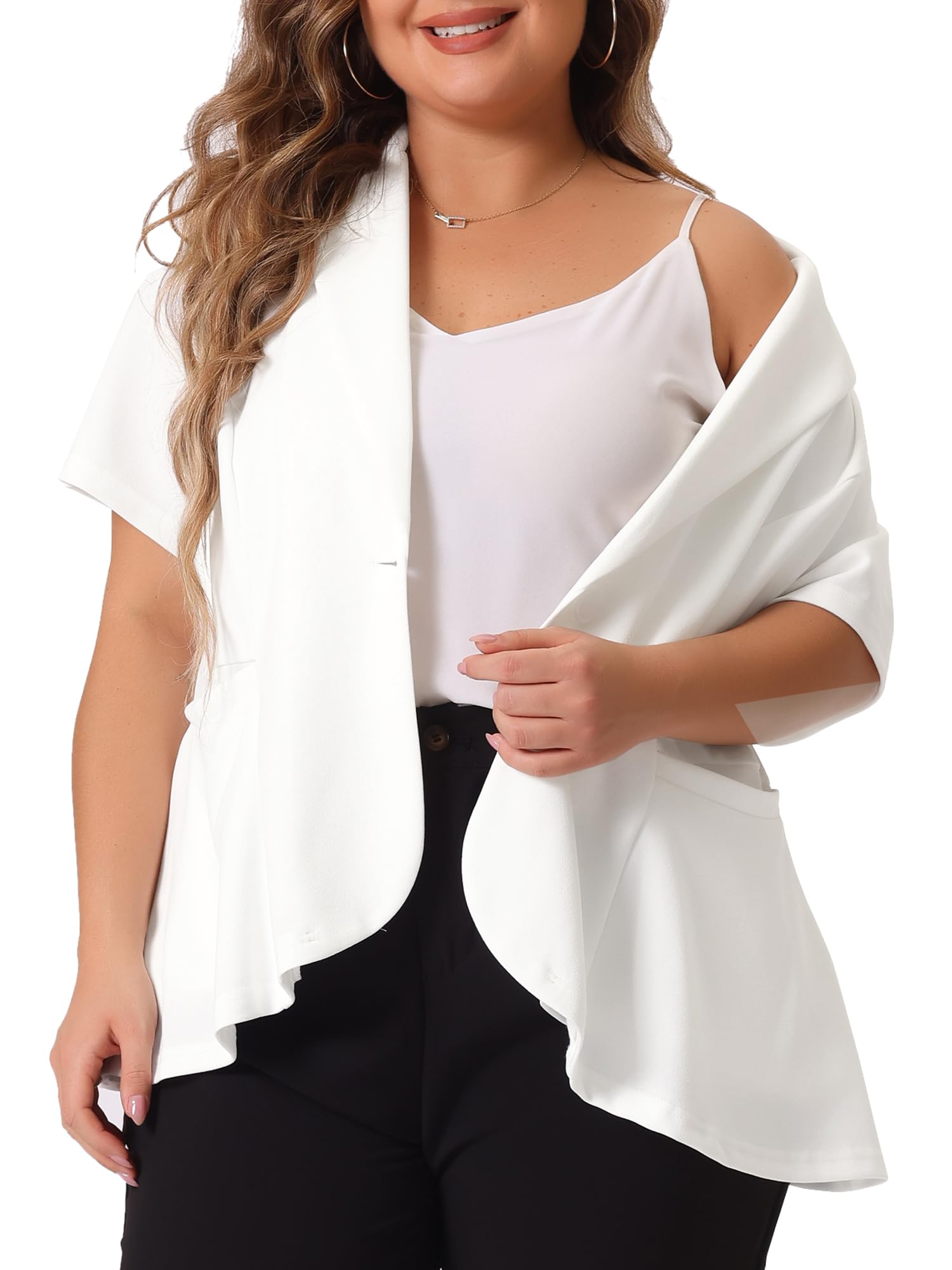 Agnes Orinda Plus Size Blazer for Women Short Sleeve Office Work Button Jacket Business Suit Blazers
