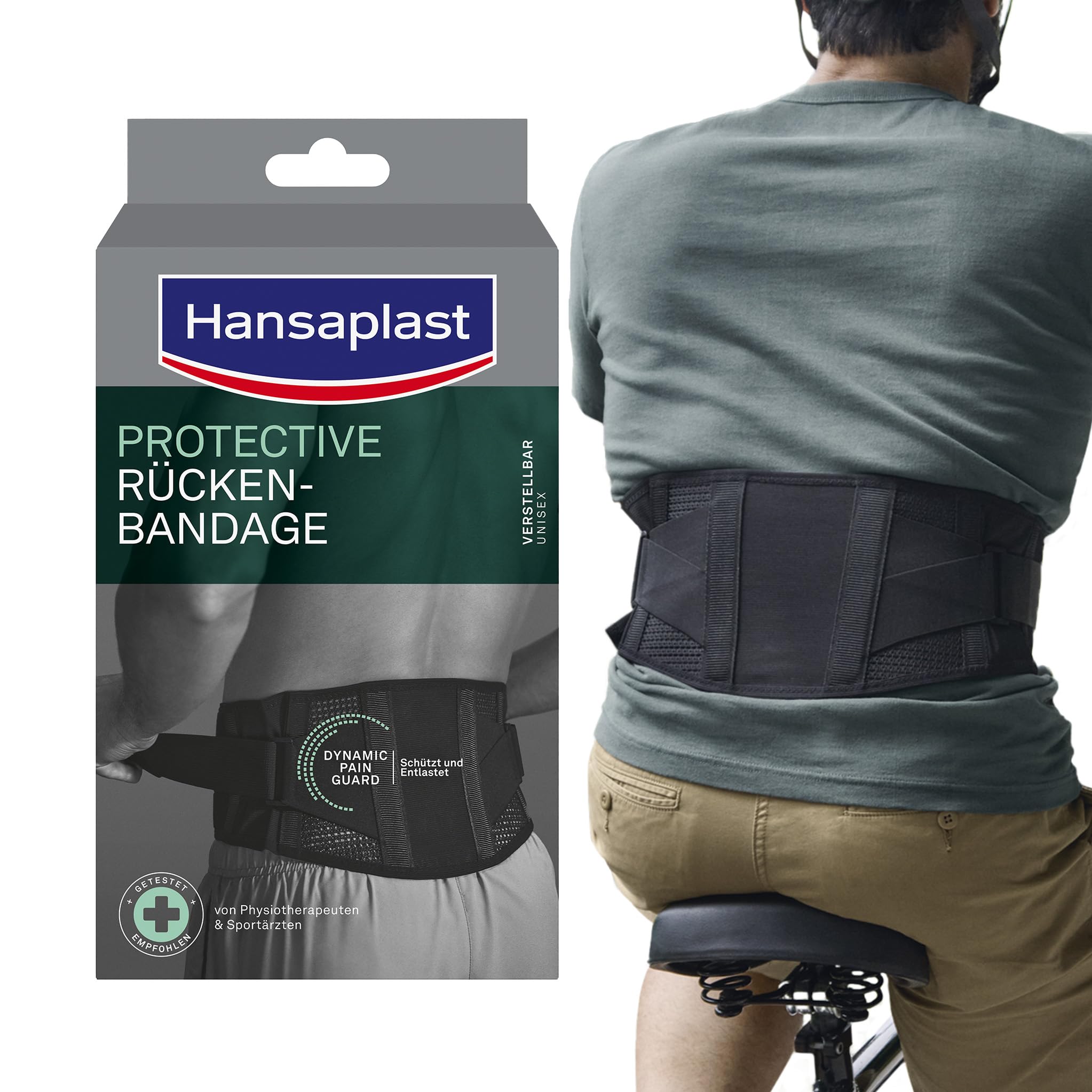 Hansaplast Protective Rücken-Bandage, stützende Bandage mit individuellem Kompressionslevel, Rückenbandage mindert Schmerzen, Einheitsgröße – Verstellbar