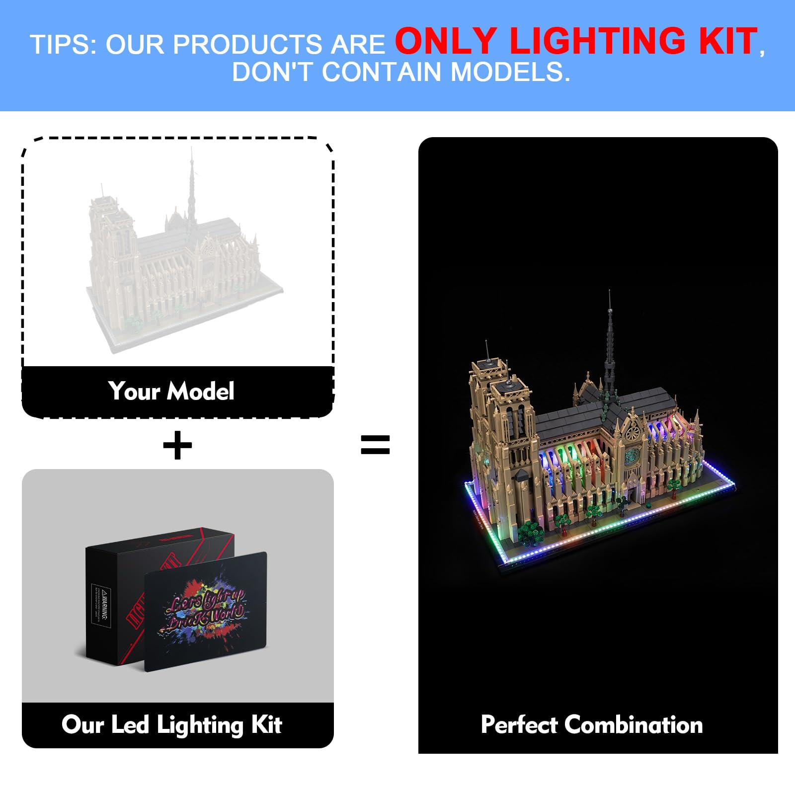 LocoLee Dazzling Color Led Light Set Compatible with Lego 21061 Notre-Dame de Paris Led Decoration Lighting Kit Compatible with Lego 21061 Building Blocks Model,Only Lights Set,No Model - Image 3