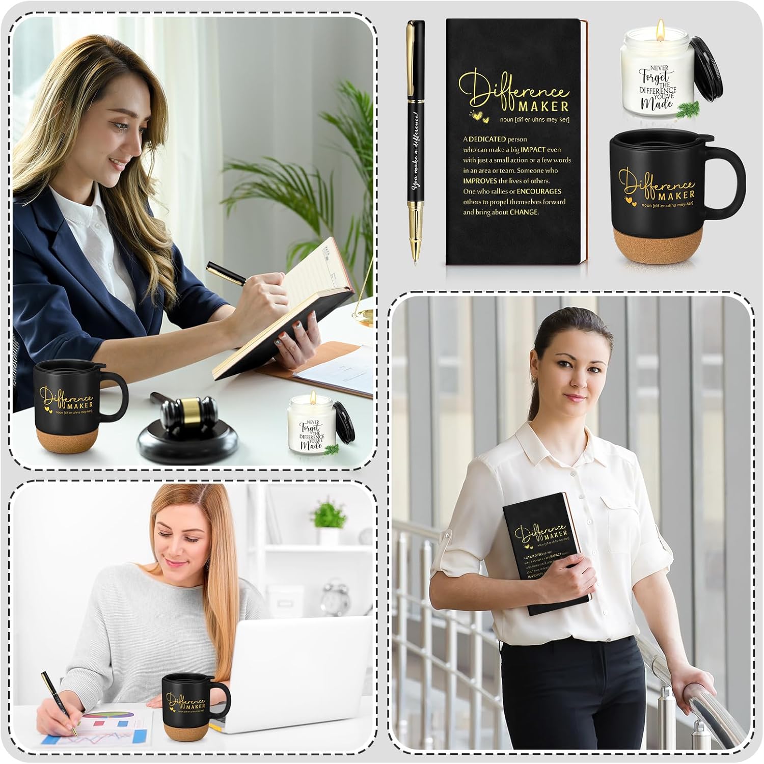 Vesici 4 Pcs Difference Maker Gift for Women Men Difference Maker Mug Notebook Candle Motivational Pen Employee Appreciation Gift for Volunteer Paraprofessional Coworker Secretary(Black,Word)