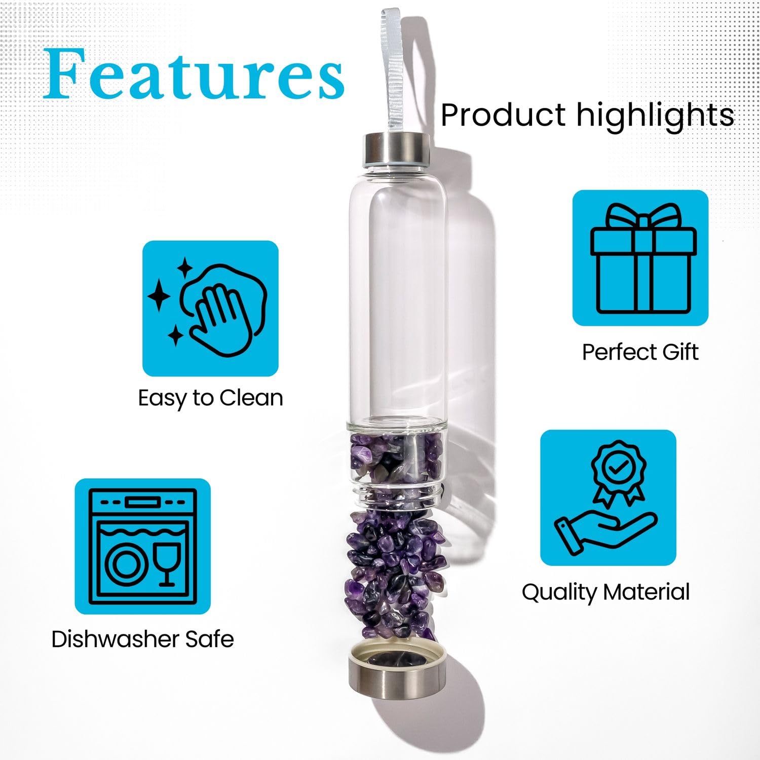 INTIRILIFE Botella de agua con piedras curativas y funda Gris - Amatista - Capacidad de 400 ml - Botella con piedras preciosas, minerales