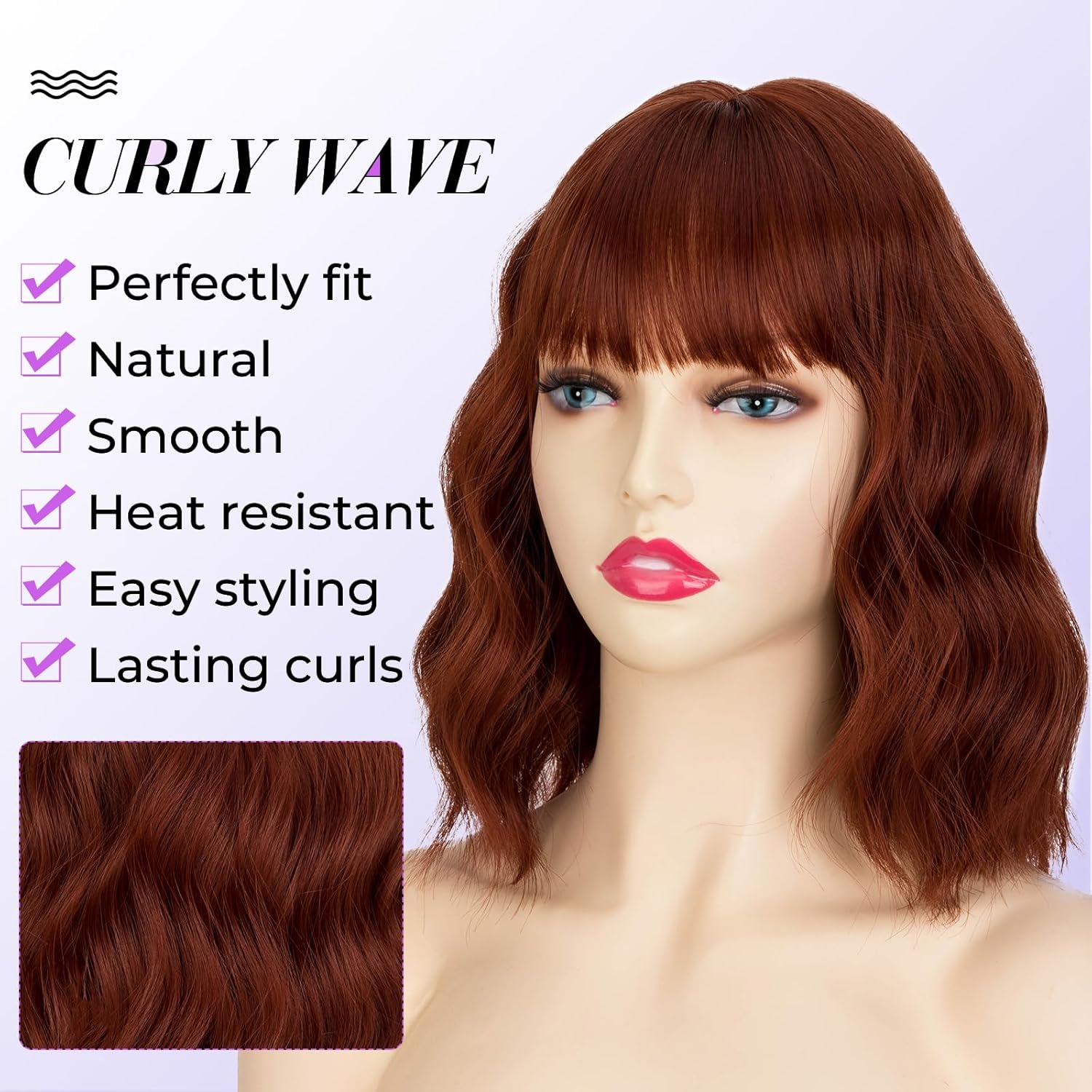 Bob Wig with Bangs 14 Inch Auburn Short Wavy Color Wigs for Women Synthetic Heat Resistant Bob Wigs For Women Daily Party Use(14 Inch Auburn)