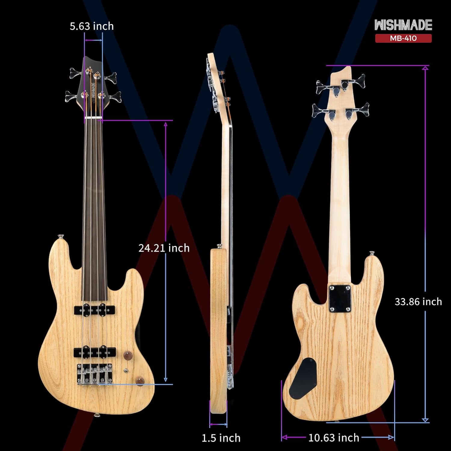 WishMade 36 Inch Electric Bass Guitar Fretless Travel Bass Guitar,Portable Small Size Guitar with Gigbag,Maple Neck(4 String Natural)
