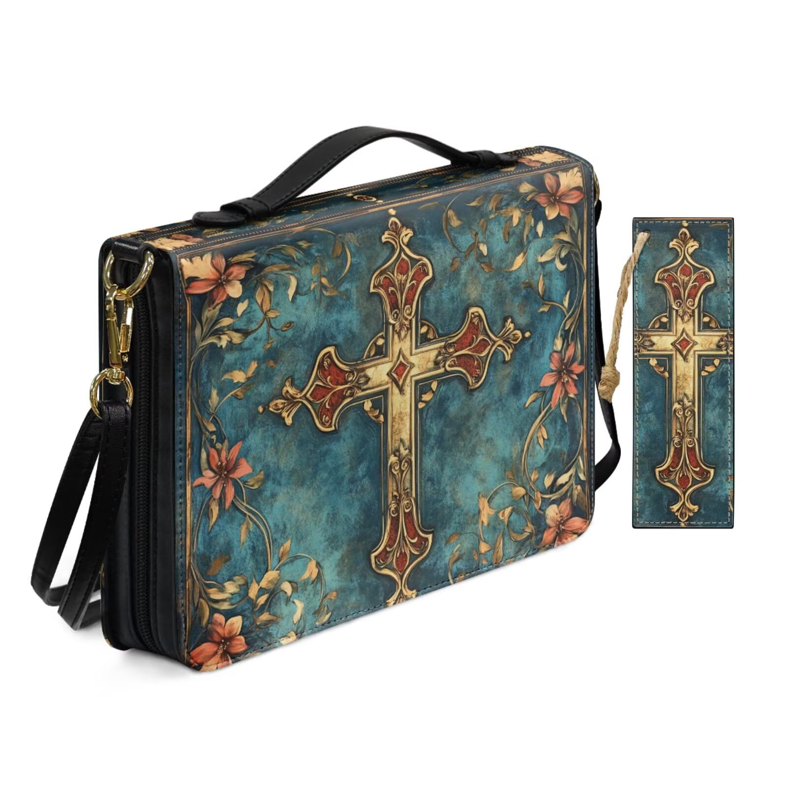 PU Leather Bible Cover Case for Women Ladies Worship Church Bag with Bookmark Retro Exquisite Cross Bible Covers with Shoulder Strap Book Case Green