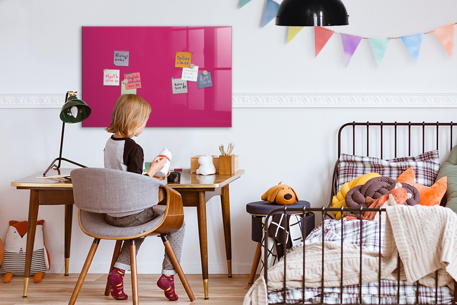 Pizarra blanca magnética de vidrio | Incluye imanes fuertes neodimio, rotulador y borrador | Superficie templada resistente al uso intensivo- 90x60 - Color rosa fuerte