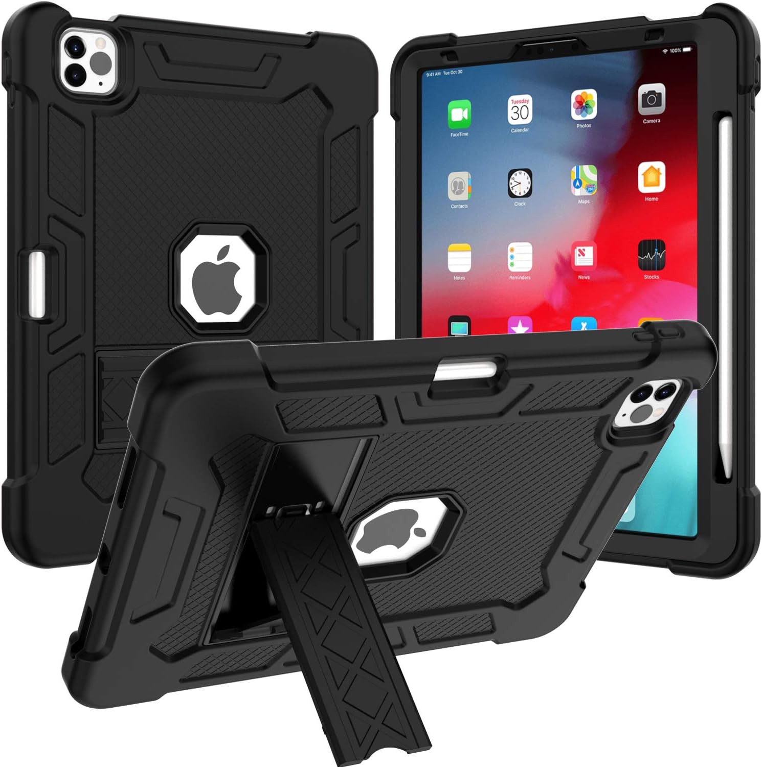 AICase for iPad Air 4 Case 2020,New iPad Air 10.9 Cases Kickstand Shockproof Heavy Duty Rubber Rugged Hybrid Three Layer Armor Protective Cover for iPad Air 4th Generation 2020 (Black)