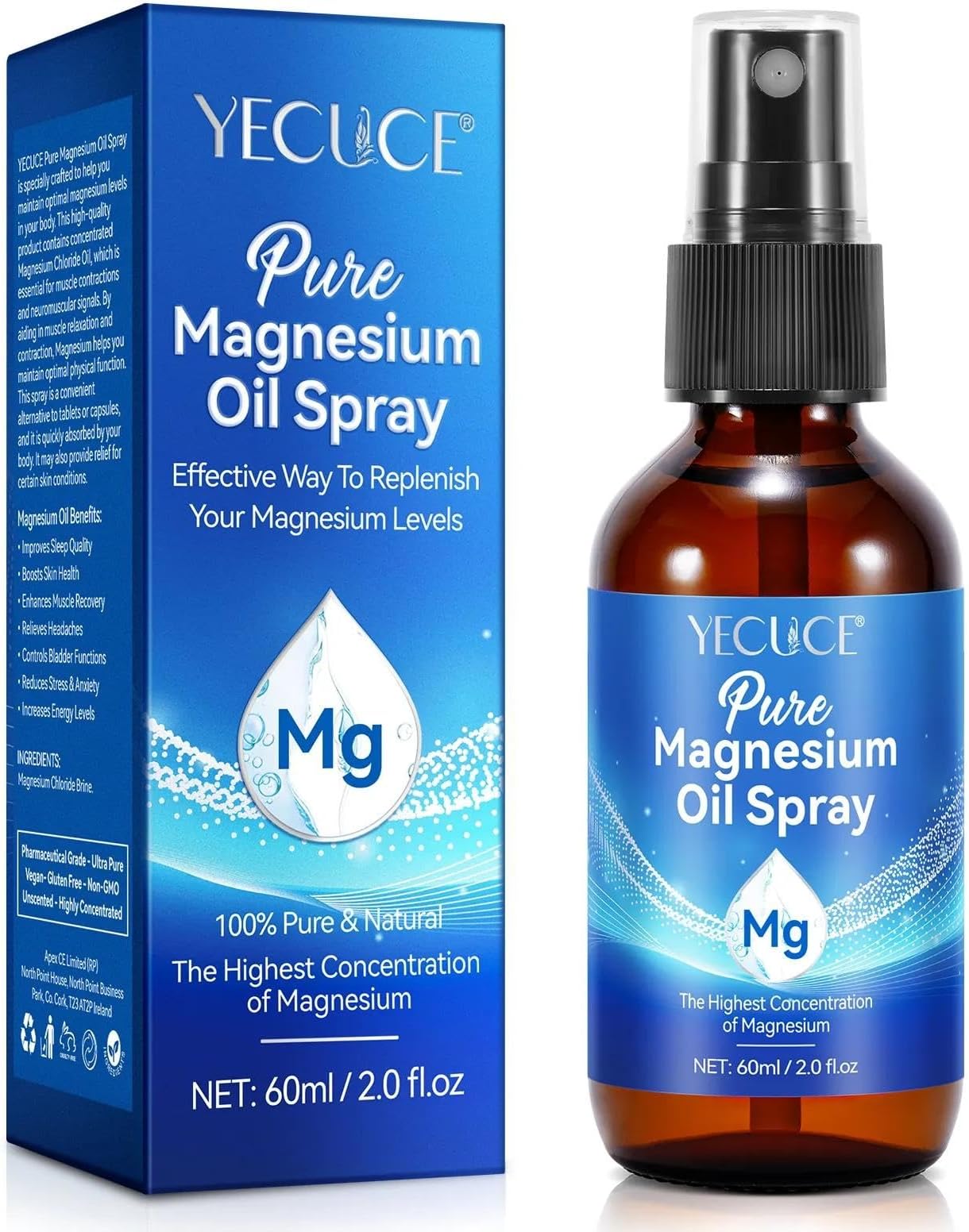 Magnesium Body Oil Spray 60ML, Pure & Natural Magnesium Oil Spray, Skin Hydration & Relaxation, Topical Magnesiums Oils Sprays for Feet Magnesiums Sprays