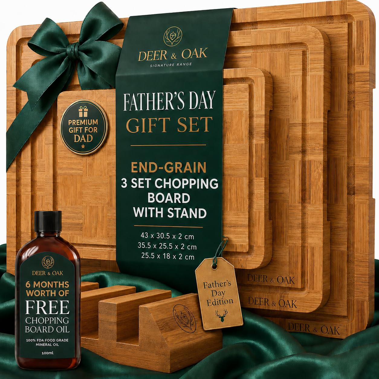 Deer & Oak 3-Piece Carbonised End Grain Bamboo Chopping Board Set with Stand & Food Safe Mineral Oil Bundle – Pre-Oiled Butcher Block Boards - Wooden Serving Boards