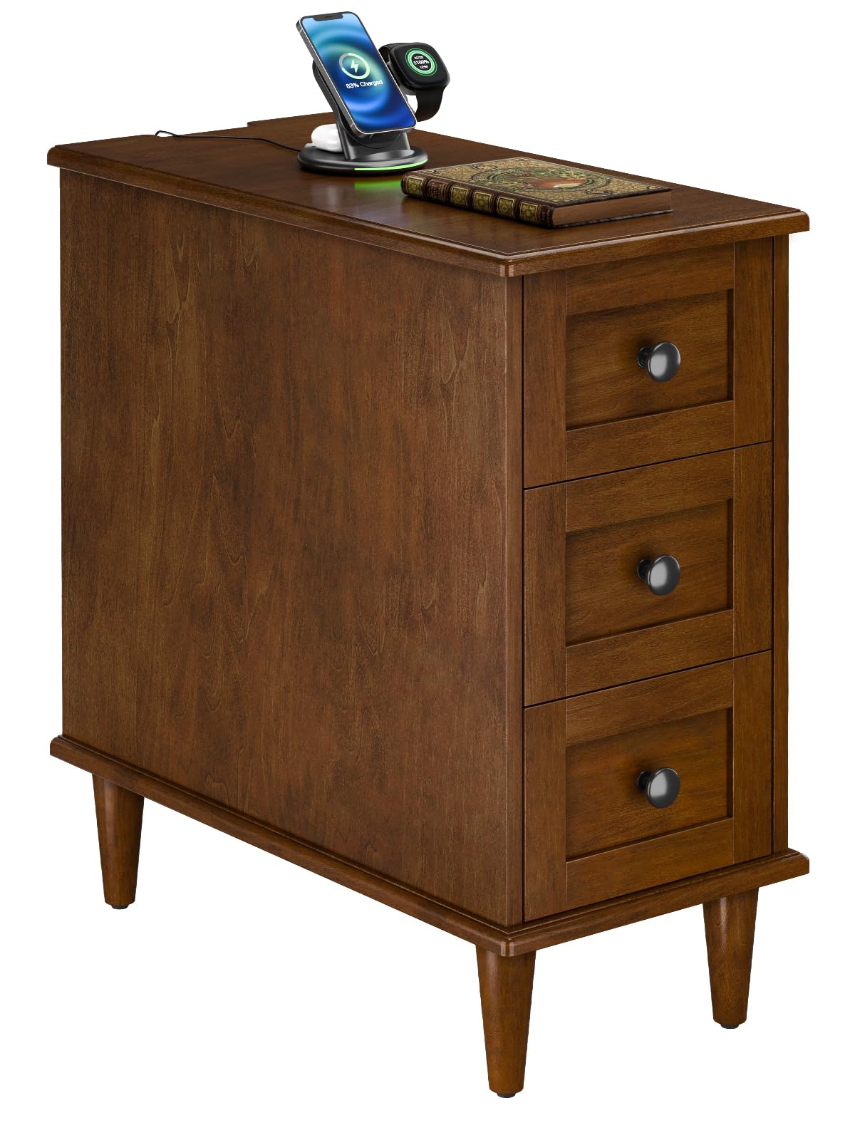 Plamle 3-Drawer End Table with Built-in Charging Station, No Assembly Required Narrow Side Table with Outlets and USB Ports, Slim Nightstand for