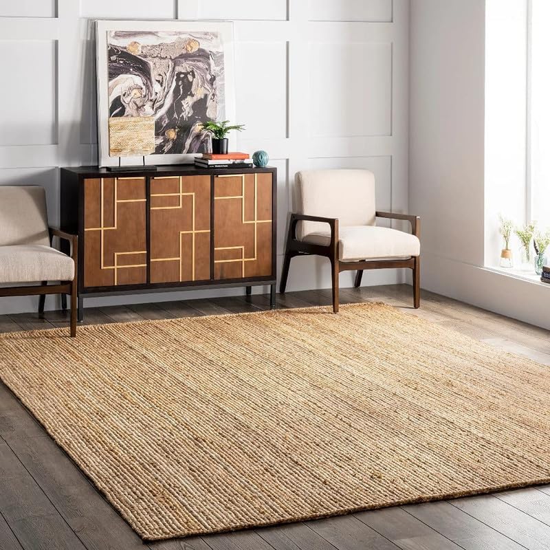 Image of Festive Textile Jute Braided Natural Rug Hand Woven & Reversible for Living Room Kitchen Entryway Rug, Jute Burlap Braided Rag Rug, Farmhouse Rag Rug, Rustic Rug Jute Carpet for Living Room