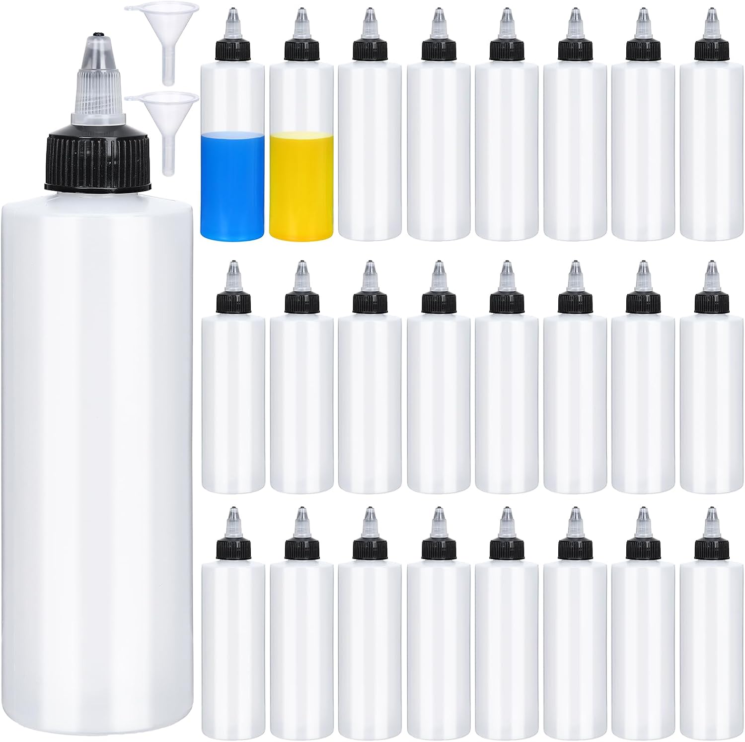 Honeydak 30 Pcs 8.5 oz Boston Plastic Squeeze Bottles for Sauce, Empty Condiment Dispenser with Twist Cap and 2 Funnel Ideal for Ketchup, Dressings, BBQ, Crafts(8.5 oz,White and Black)