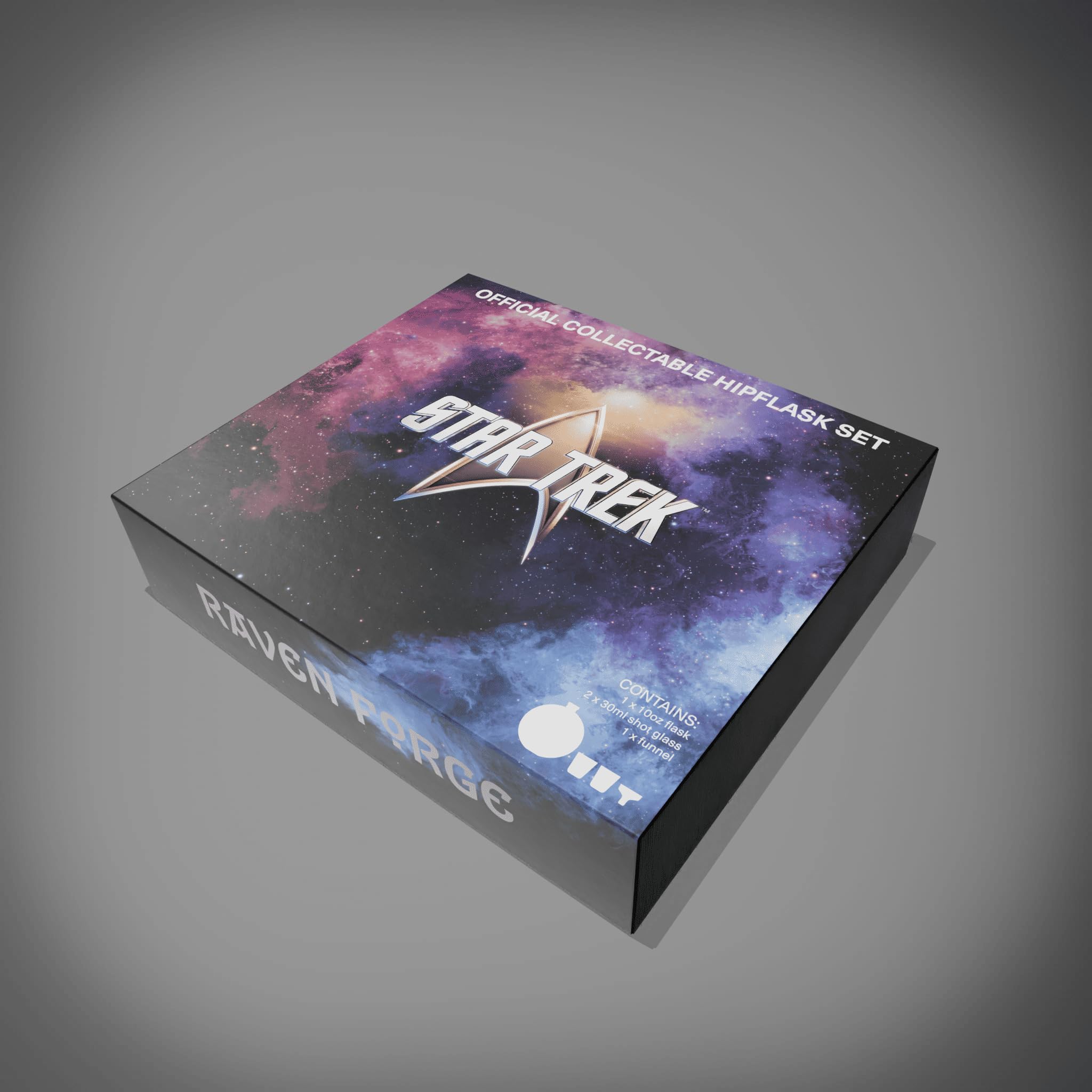 Star Trek Enterprise Flachmann – Offiziell lizenziertes Star Trek Merchandise Star Trek Edelstahl-Flachmann Geschenkset mit 2 x 30 ml Edelstahl-Schnapsgläsern und 1 x Einfülltrichter