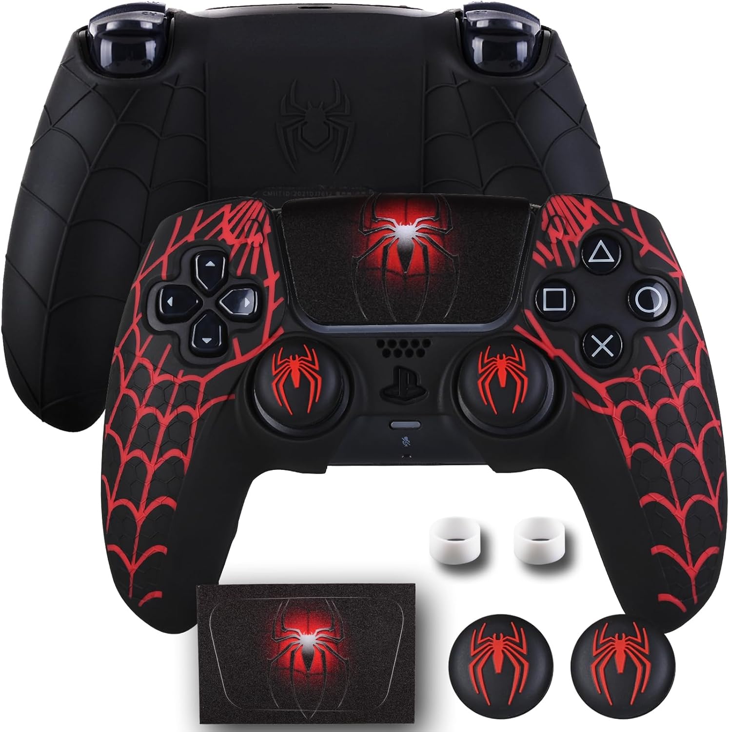 Non-Slip Silicone Cover for PS5 Controller with Thumbstick Caps x 2 & Sticker x 1(Spider Web)