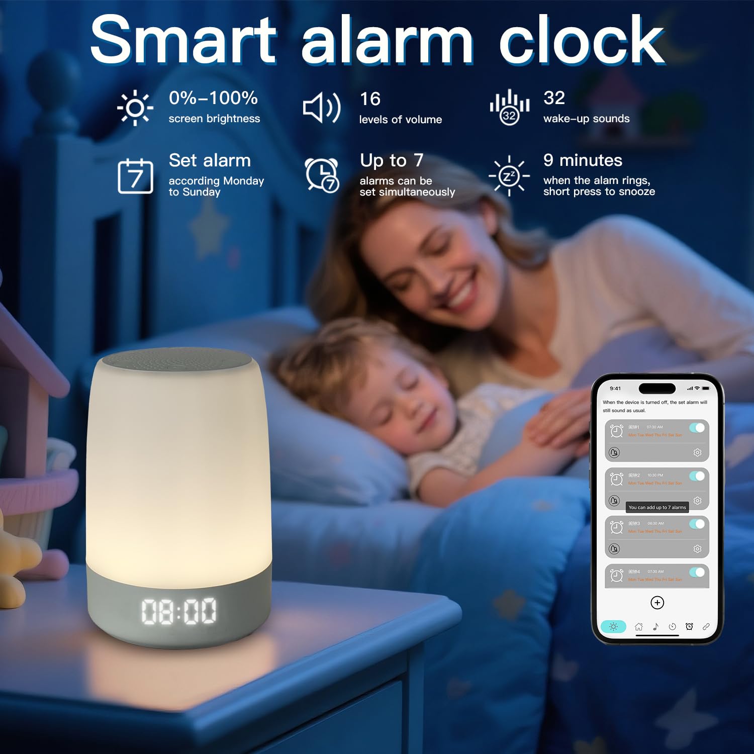 Weißes Rauschen Sound Maschine für Schlaf Kinder Nachtlicht Bluetooth Musik Wecker App Fernbedienung USB Batteriebetrieben 32 natürliche Klänge für Schlafzimmer Kinderzimmer Baby Erwachsene Tragbare