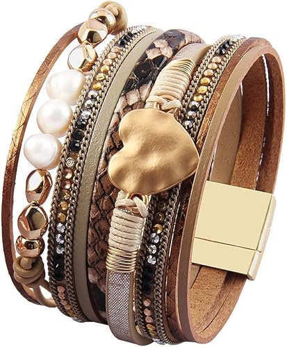 Miniatura 3 de AZORA Pulsera de cuero para mujer, pulseras barrocas con perlas envolventes, magníficas pulseras de tubo de oro, pulseras hechas a mano, joyería