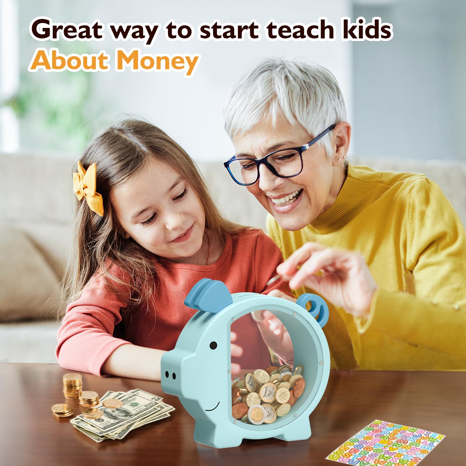 Summidate Hucha de Madera para Niños Niñas Niños Pequeños Adultos Grande Irrompible Billetes Monedas Cambio Frasco de Ahorro de Dinero Niños Regalo Personalizado Decoración de Guardería (Hucha Azul