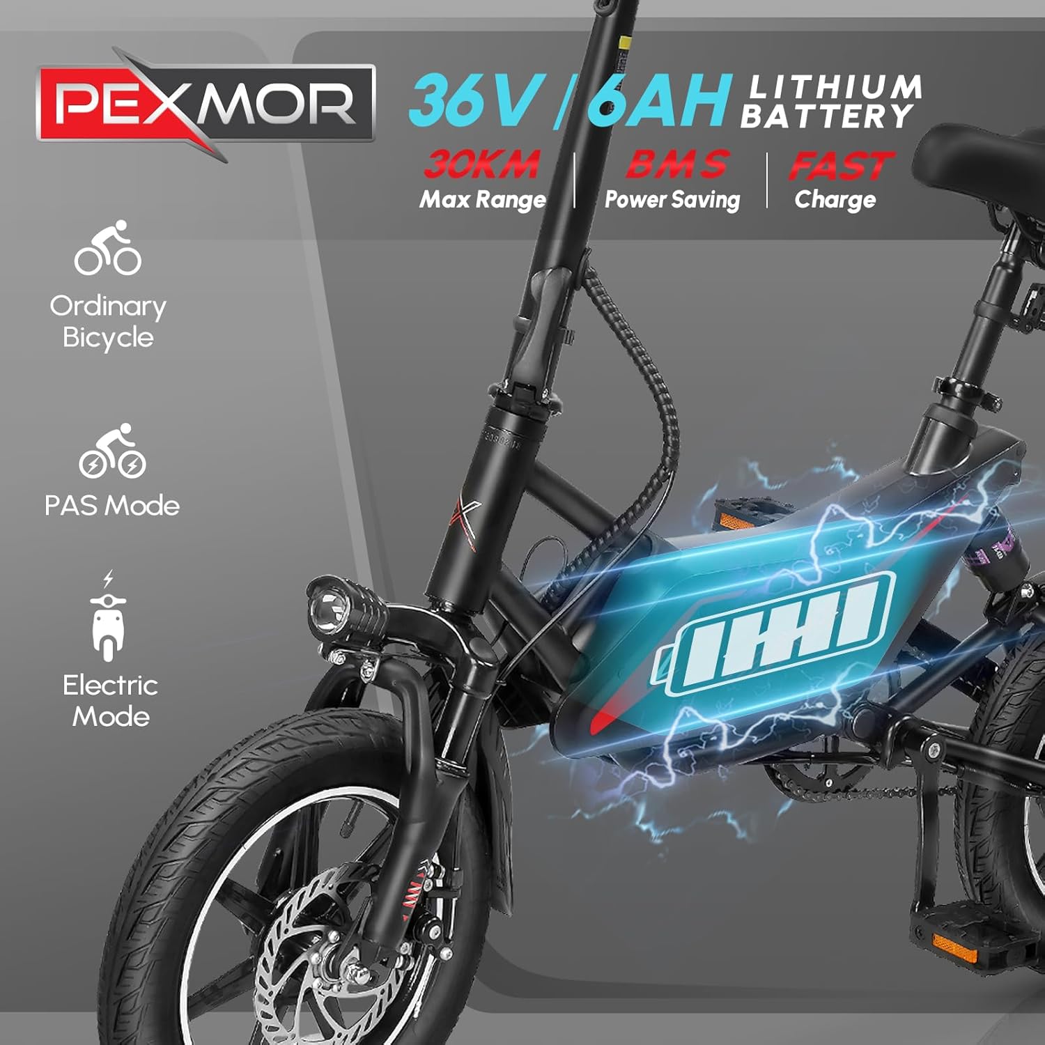PEXMOR Electric Bike with icons for Ordinary Bicycle, PAS Mode, and Electric Mode