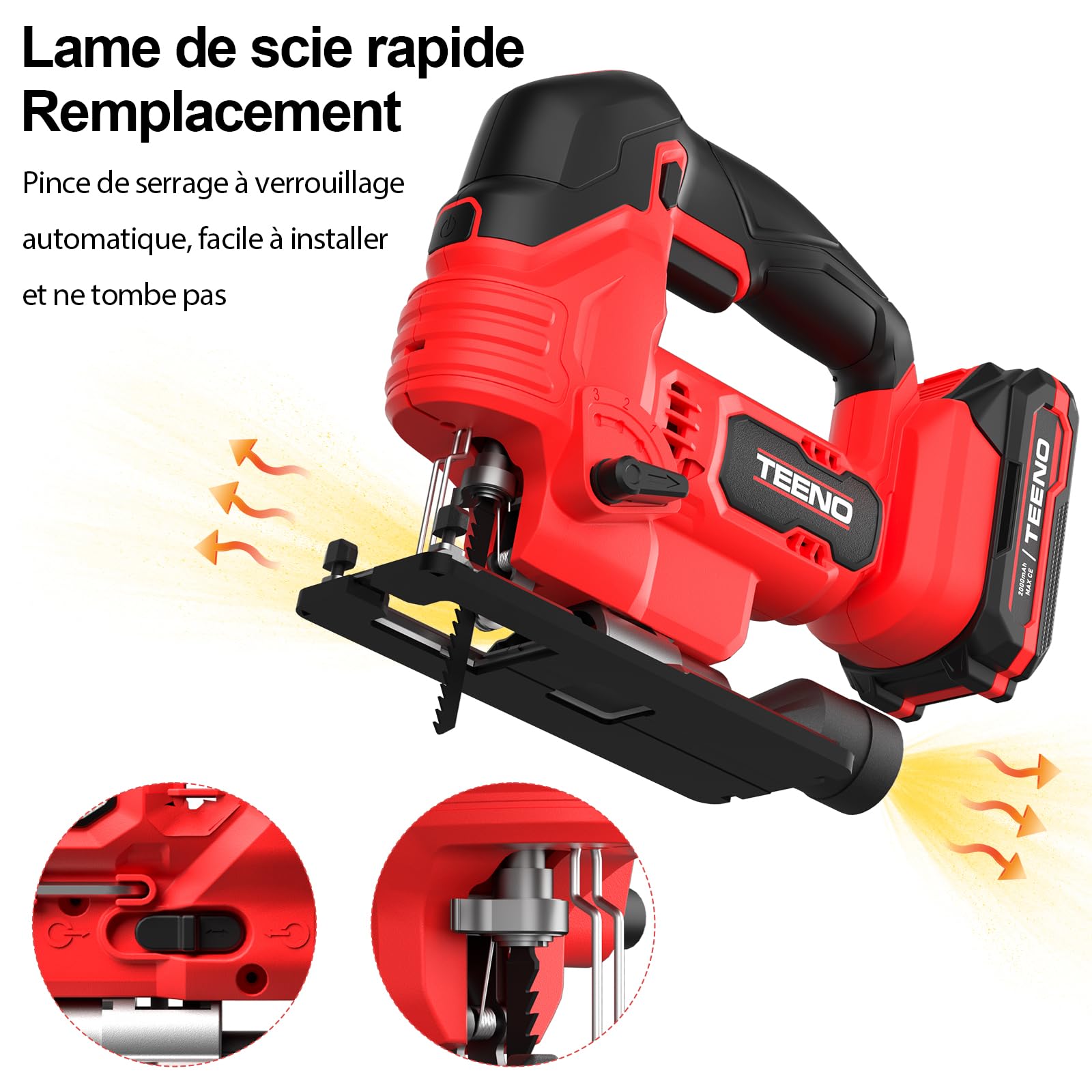 TEENO Scie Sauteuse Sans Fil pour Batterie Makita 20 V, 800-3000 SPM Scie Sauteuse Laser avec 5 lames, Inclinaison ± 45°, 6 vitesses, LED, coupe du bois,plastique,Métal (Deux batteries, 2.0 Ah)