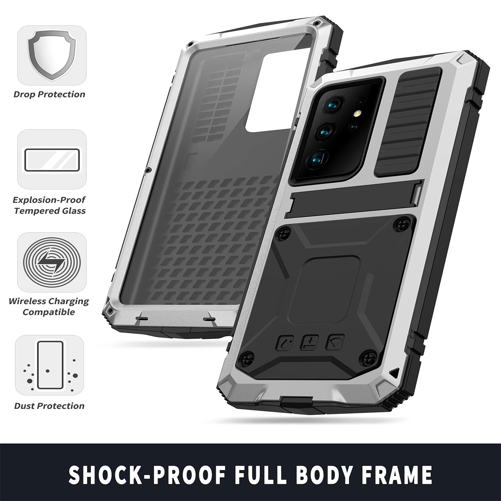 Etui z podpórką do Samsung Galaxy S25 Ultra/S25 Plus/S25, wytrzymała osłona ekranu, kompleksowa obudowa, odporna na wstrząsy metalowa obudowa, srebrna, S25