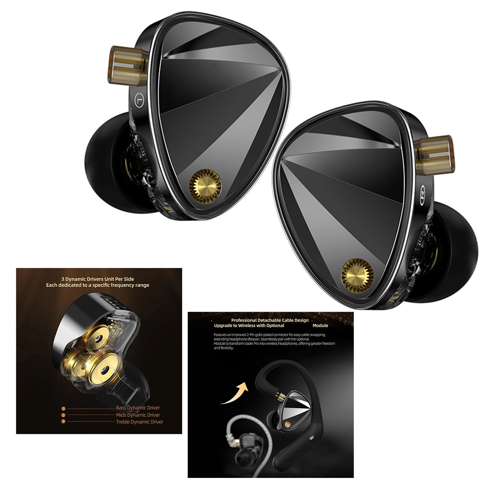 In Ear Monitor di qualità da studio con 3 driver dinamici e rotazione ergonomica a 360 gradi per un maggiore comfort e un suono chiaro auricolari con tre driver dinamici