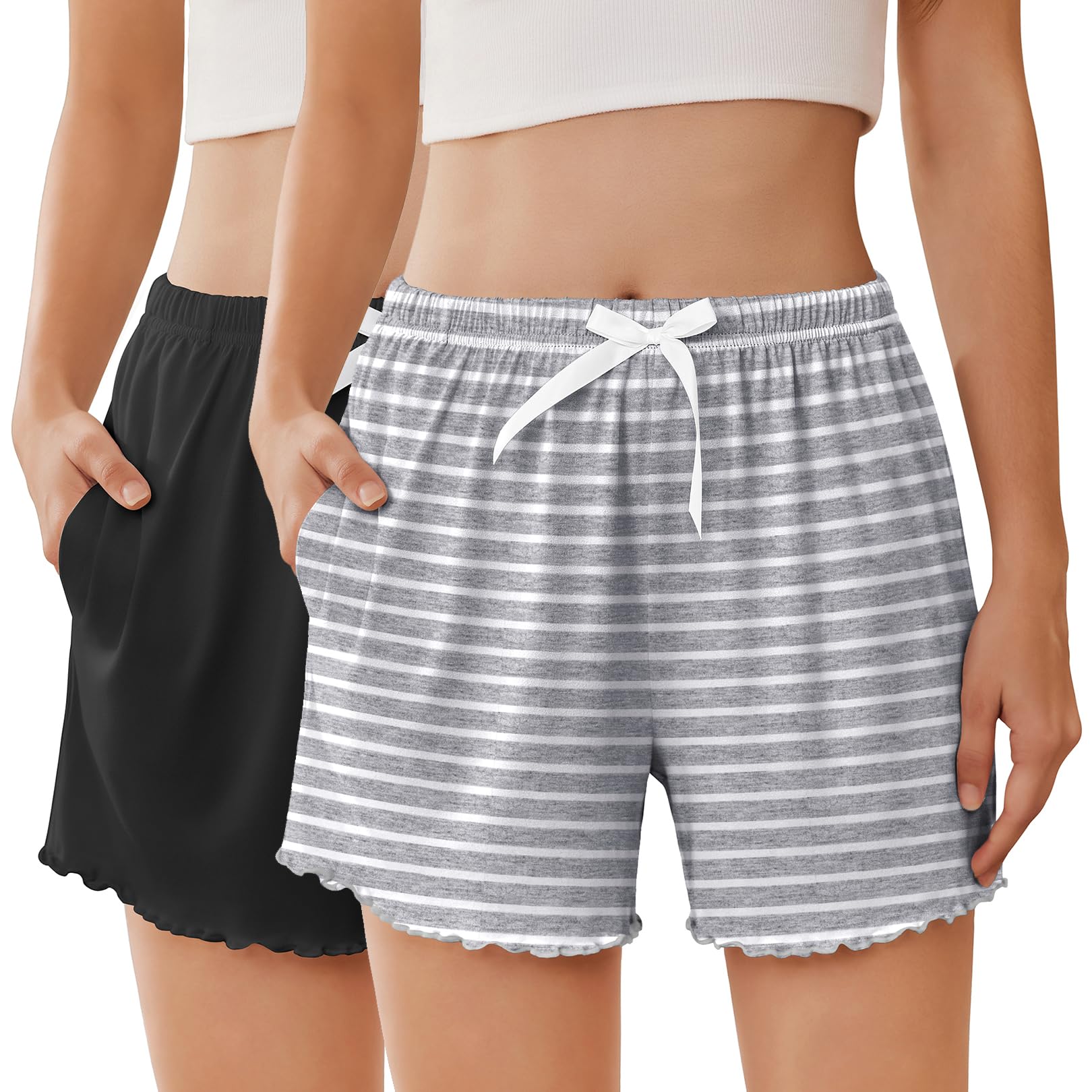 2 Pack Womens Pajama Shorts 2026 Summer Casual Lounge Sleep Short Ruffle Soft Comfy Pj Bottoms with Pockets-image-49