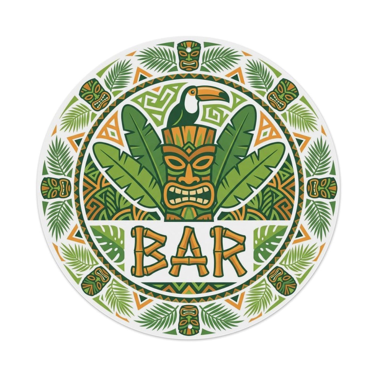 BAR Jungle Tiki Plate Metal Tin Sign Plaque Wall Decor for Cafe, Club Bar, Office, Home Garden Round Metal Poster 8x8Inch