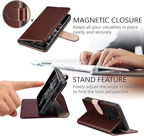Miniatura 4 de Belemay Funda tipo cartera para Galaxy S20 Ultra de piel auténtica bloqueo RFID, funda protectora con tapa y función atril, cierre magnético para