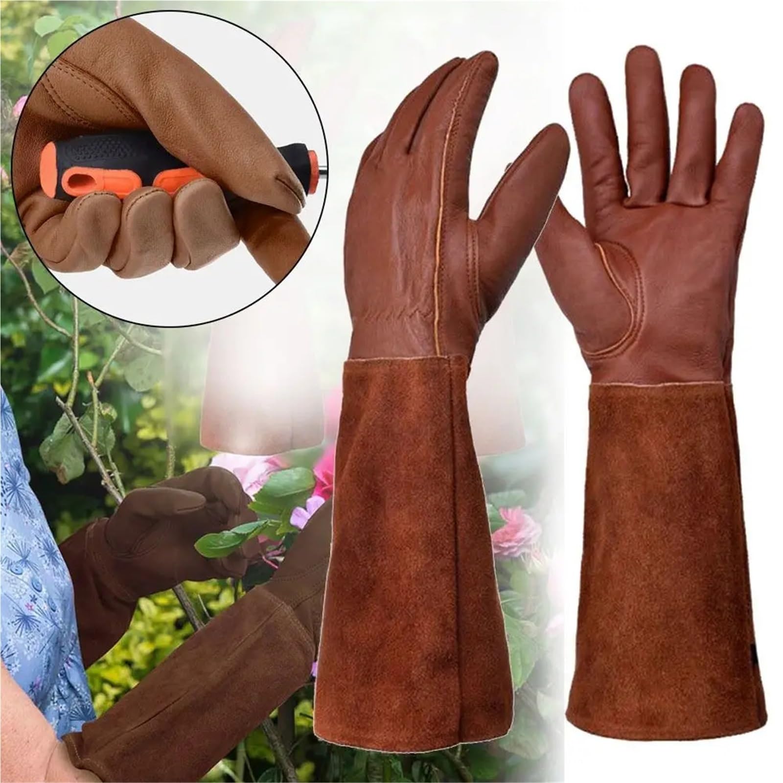 Lange Röhren-Gartenhandschuhe, Werkzeug, Leder, Beschneidungshandschuhe, dornensicher, Pflanzen, Gartenhandschuhe, Garten Für die Gartenarbeit(XL)