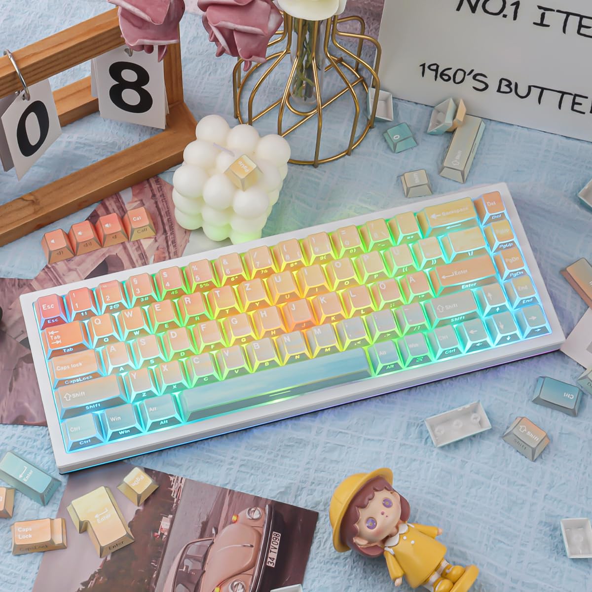 PBT Shine Through German Keycaps, 136 Keys Double Shot Side Printed Light Shadow Ocean Sunset Keycaps Dye-Sub Cherry Profile Keycap for Cherry MX Switch ISO QWERTZ Layout Mechanical Keyboards