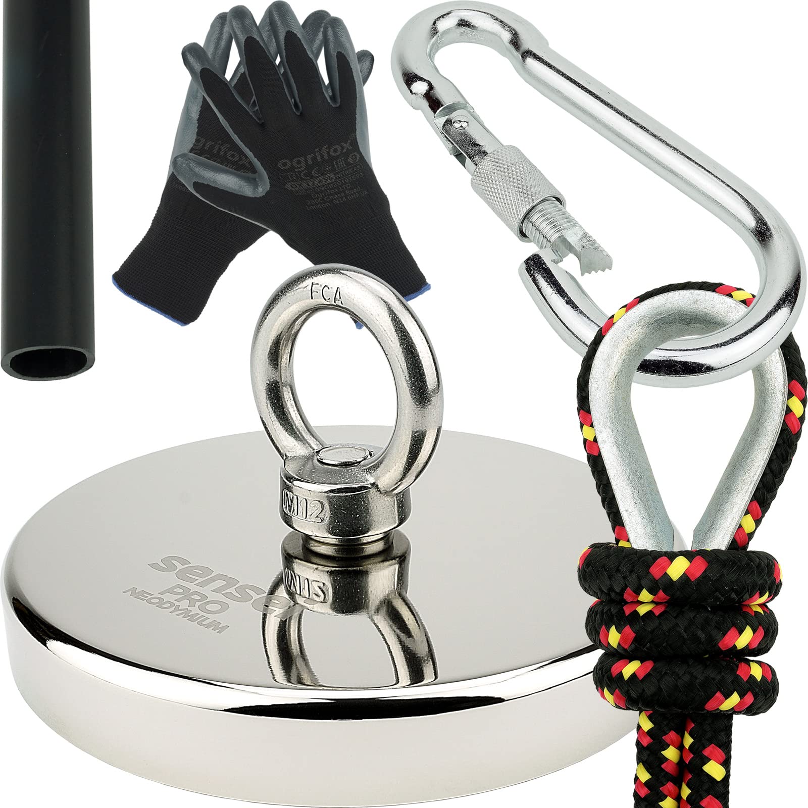 Kit SENSEI 800 kg, Imán de Neodimio N52 con Gancho, Ø13,6 x H2 cm, Cuerda de Vela de 25 m, Guantes de Protección + Accesorios, Set de Exploración y Pesca con Imán