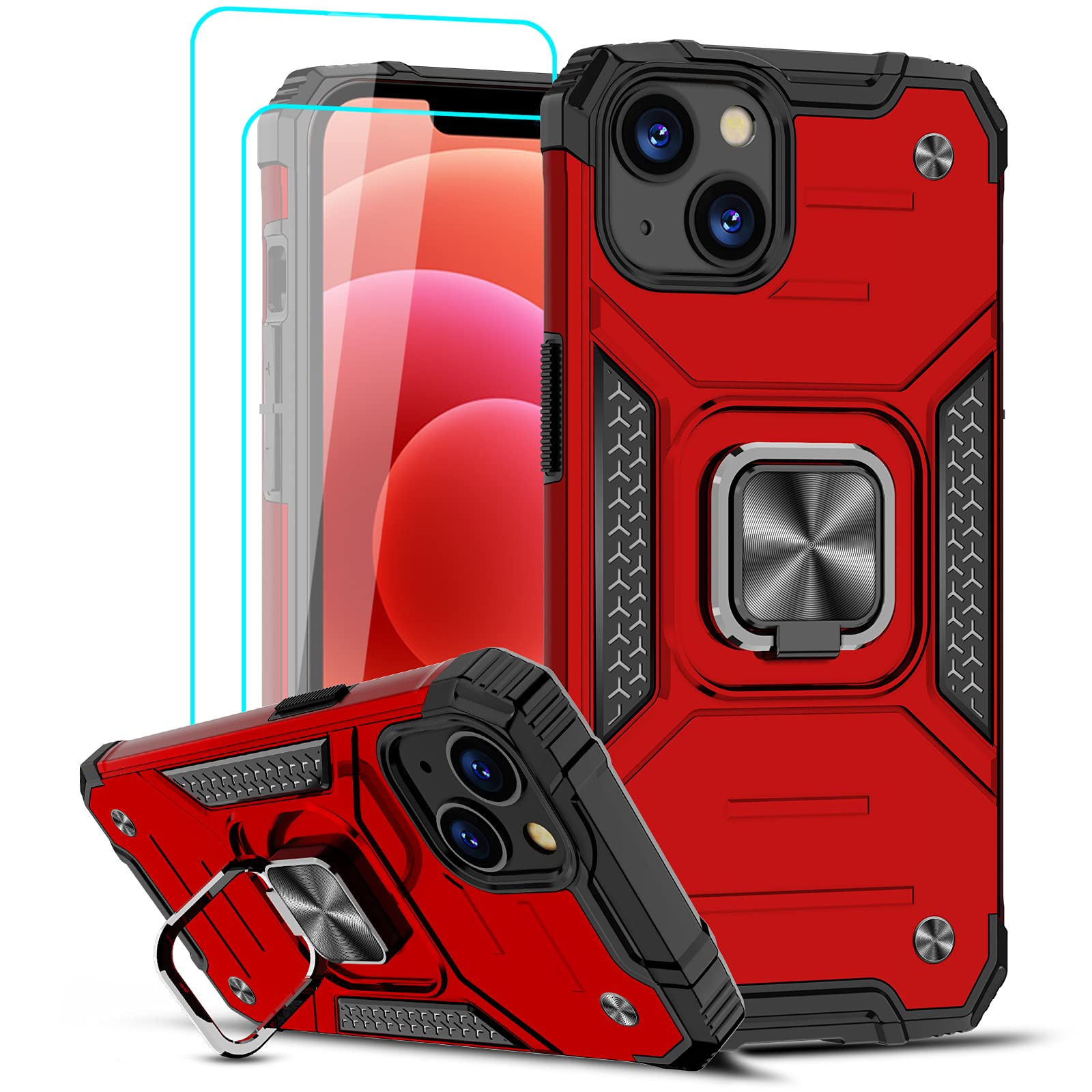 LeYi for iPhone 13 6.1'' Case with [2 Pack] Tempered Glass Screen Protector Shockproof Silicone Protective Mobile Phone Cover with Ring Holder Compatible for iphone 13 Phone Case Red