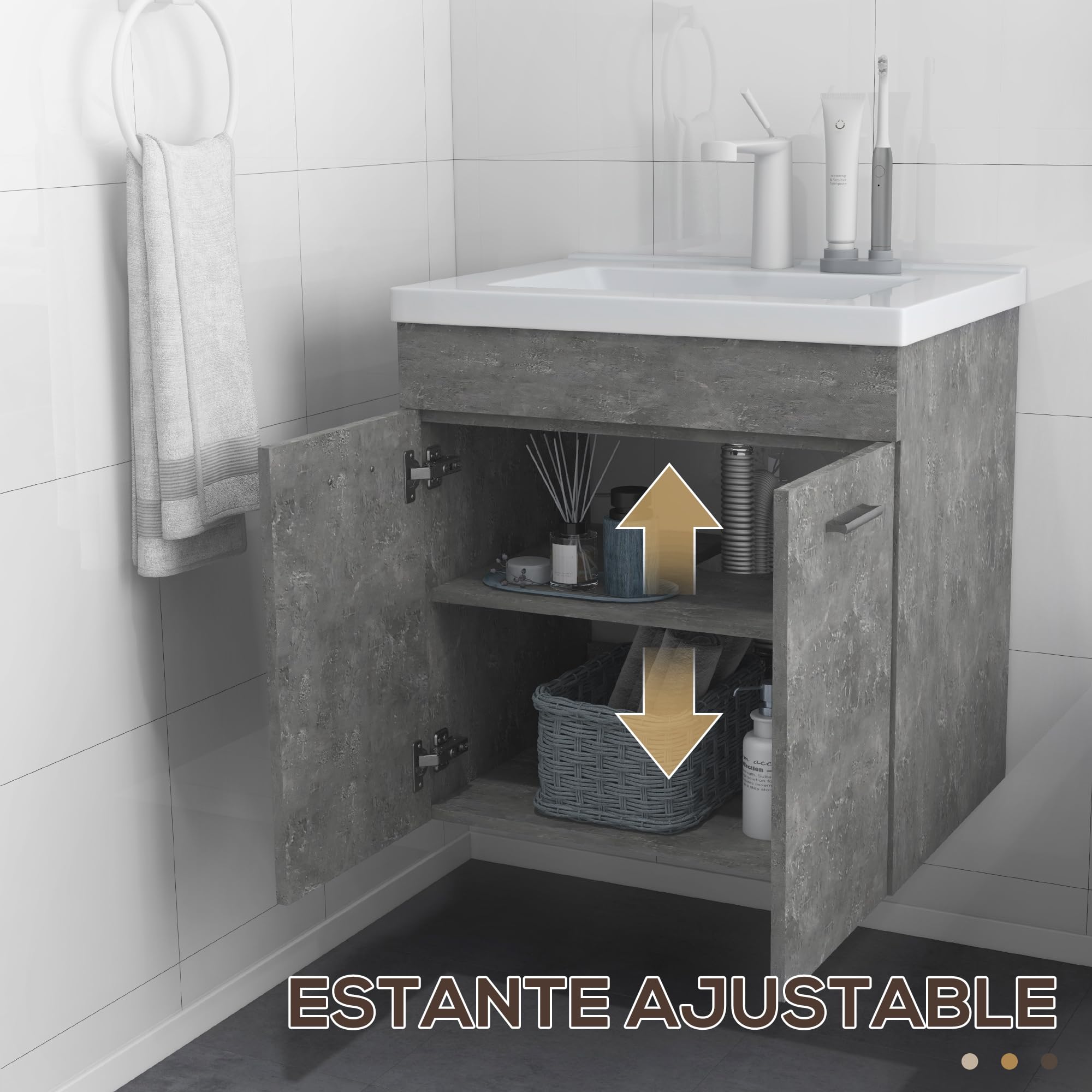 kleankin Mueble de Baño con Lavabo Cerámico de Pared 60x45,5x60 cm Gris | Armario Bajo de Lavabo, 2 Puertas, Estante Ajustable, Acabado Melamina