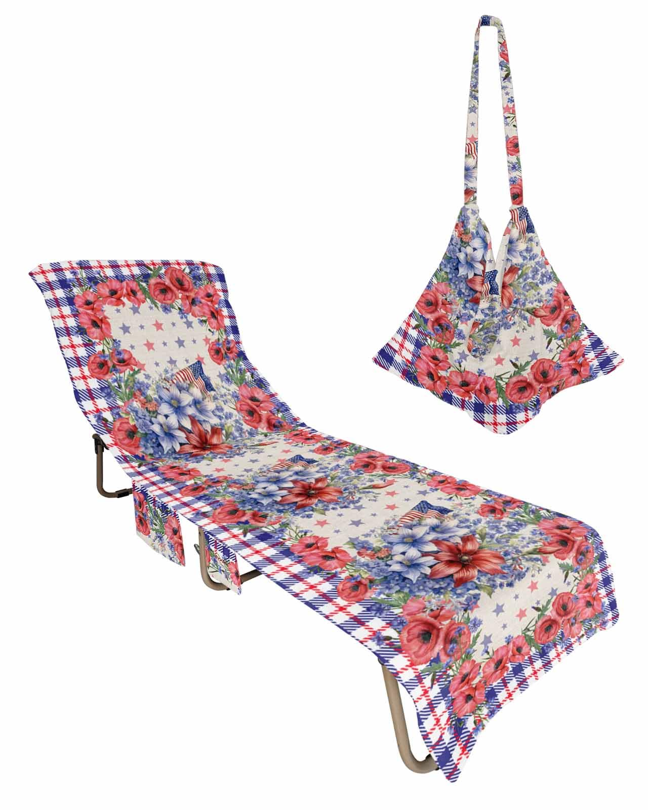Independence Day Plaid Beach Chair Towel Covers for Chaise Lounge with Side Pocket, Soft Plush Pool Towels Cover for Patio Sunbathing Outdoor 29''x85'' Red Blue Stripes Stars Flag Flower