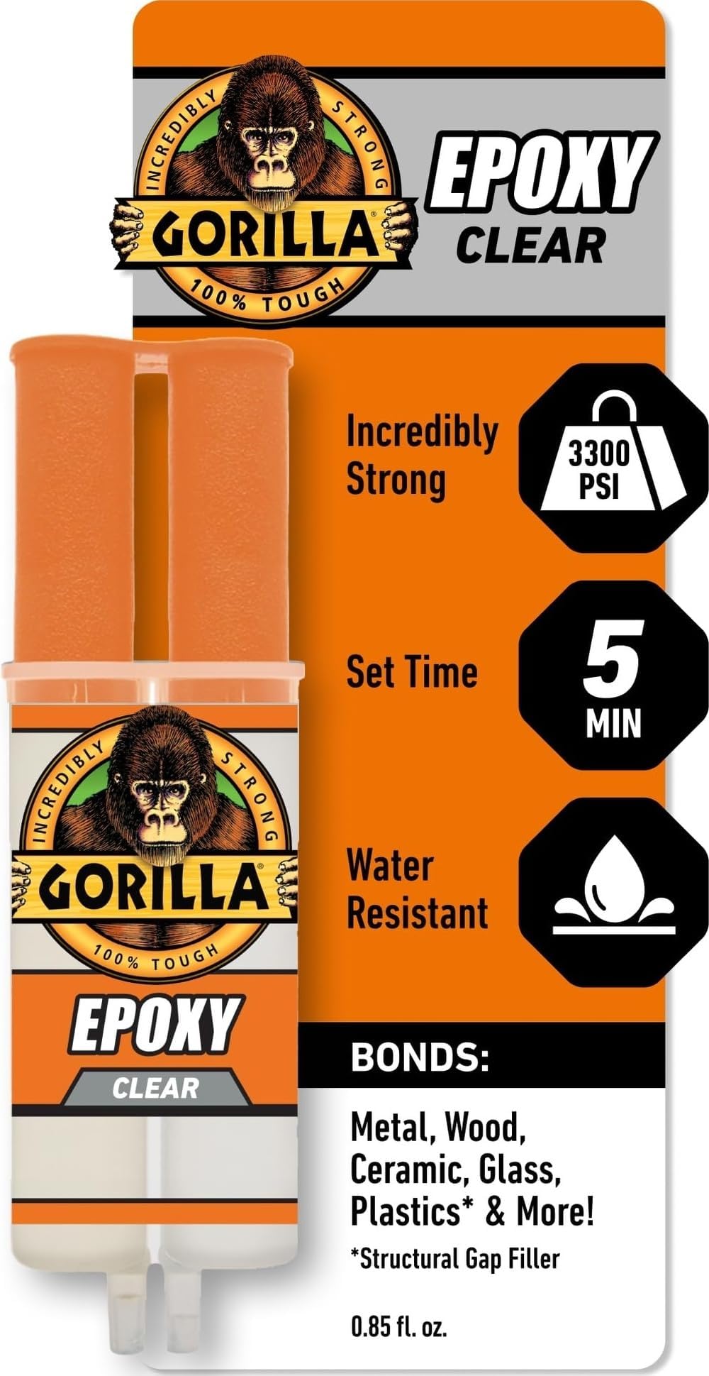 Gorilla 2 Part Epoxy, Incredibly Strong Bonding, 5 Minute Set, 0.85 oz | Water Resistant, Bonds Uneven or Vertical Surfaces, Easy-to-Use Syringe