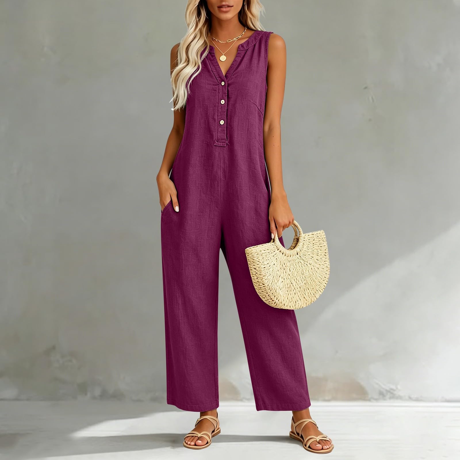 Tuta estiva da donna, in lino, senza maniche, con tasche | Tuta con pantaloni a gamba larga, elegante scollo a V, tuta intera in mussola, casual, per le vacanze
