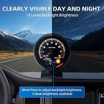 MH 3.75 inch (95mm) Tachometer with Shift Light, 8000 RPM Gauge, 5-Level Adjustable Brightness Backlight Tach for 12V AUTO
